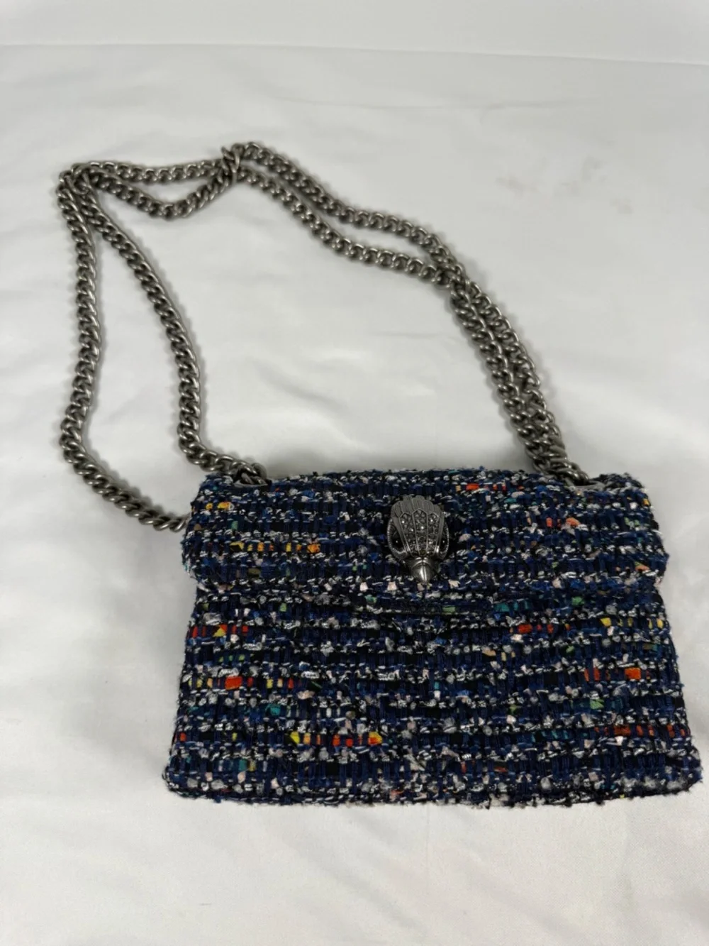 Kurt Geiger London Kensington Blue Multicolor Tweed Eagle Chain Bag